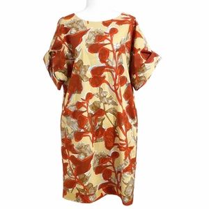 COS RED YELLOW BROWN ABSTRACT PRINT SHORT SLEEVE SHIFT MIDI DRESS - 10